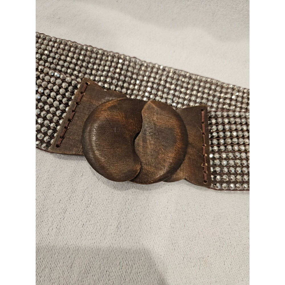 Anthropologie Sparkly Beaded Stretchy Belt With Interlocking Wood Buckle